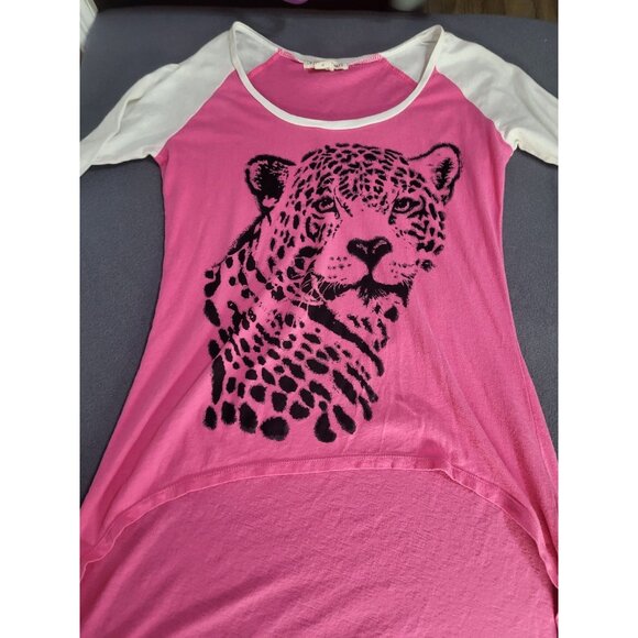 Y2K Hi Low Hem Graphic Print Shirt Raglan Cheetah Leopard Pink Grunge Skater MED - Picture 7 of 10